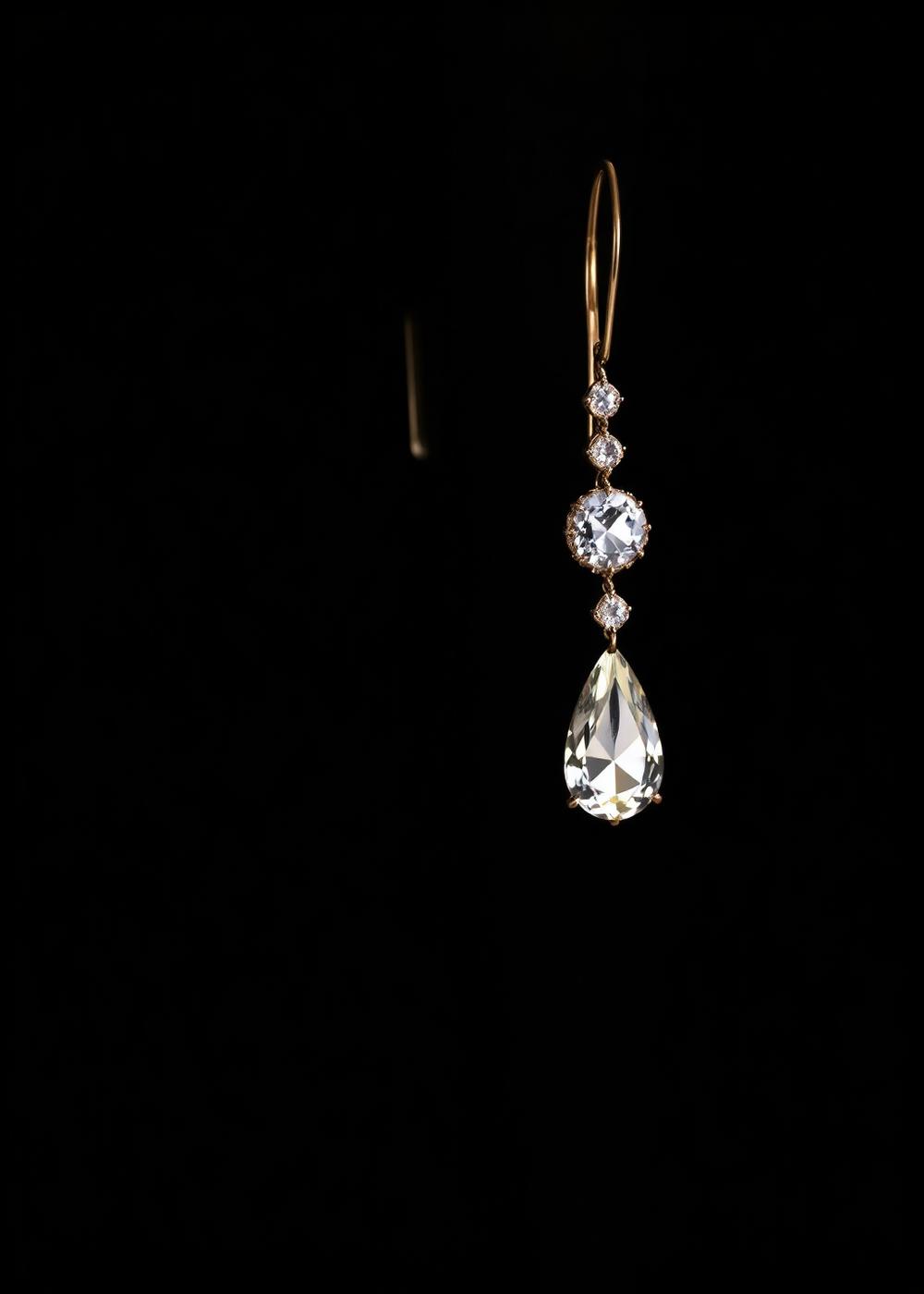 Diamond drop earring suspended against black