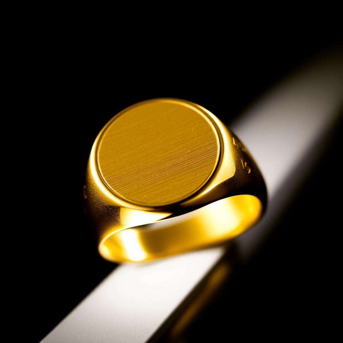Hand engraved gold signet ring under a beam of light
