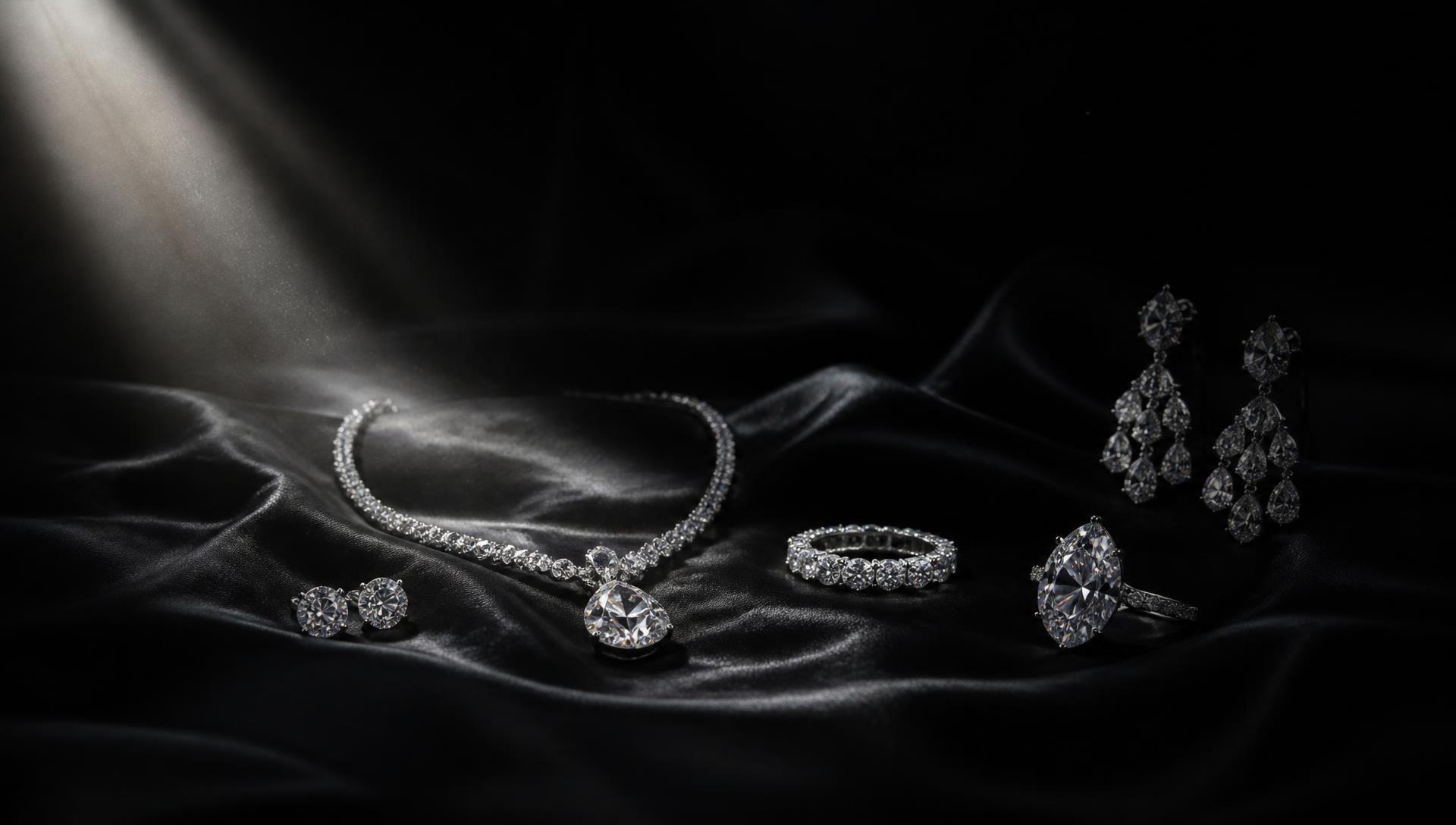 Diamond jewelry arranged on black silk beneath a single beam of light