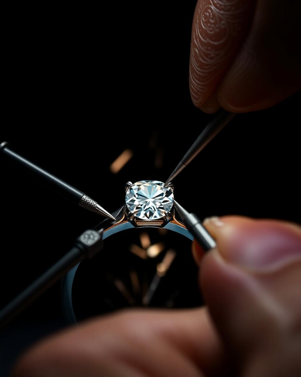 Hands setting a diamond into a platinum ring with precision tools
