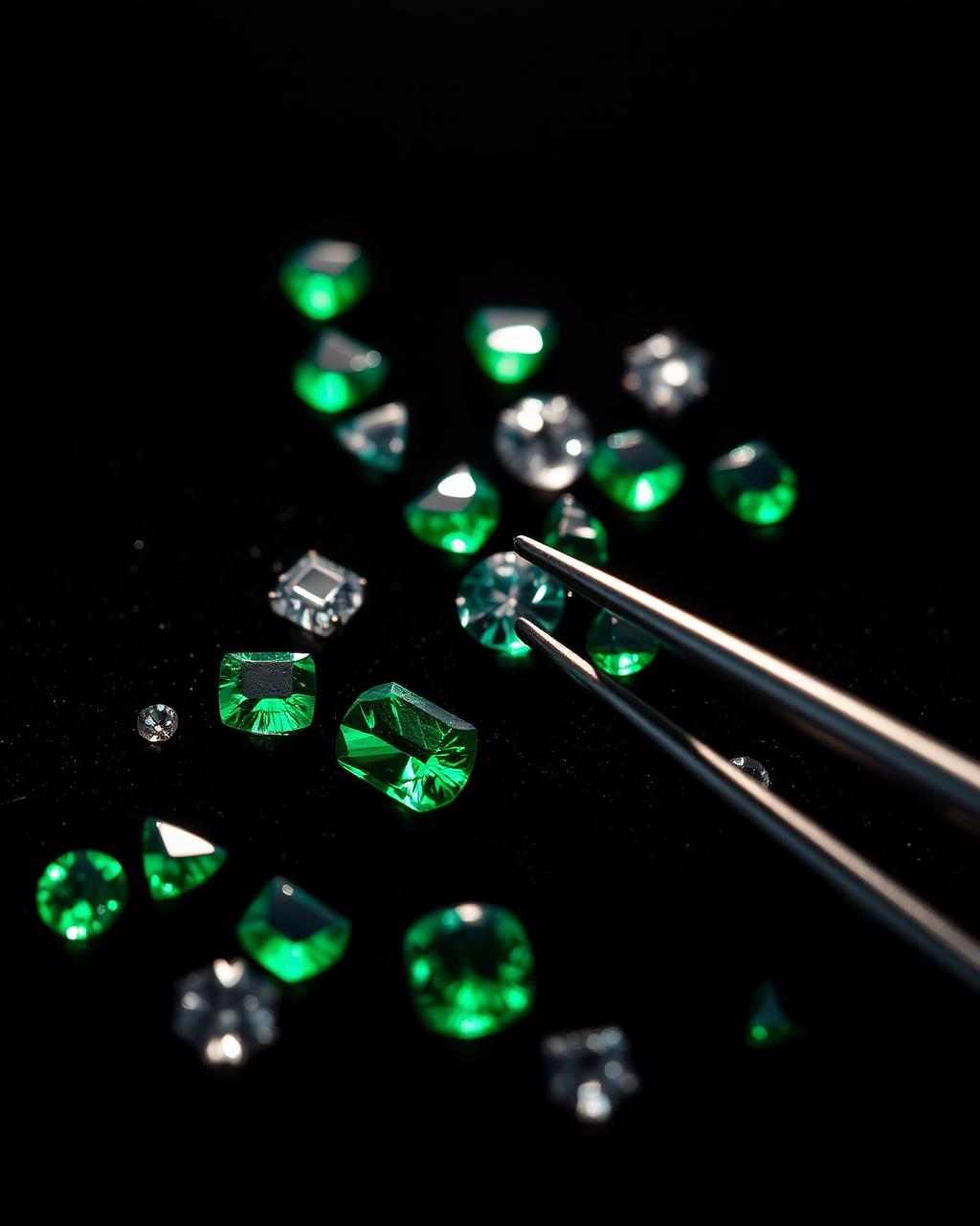 Loose emerald and diamond gemstones on black velvet with tweezers