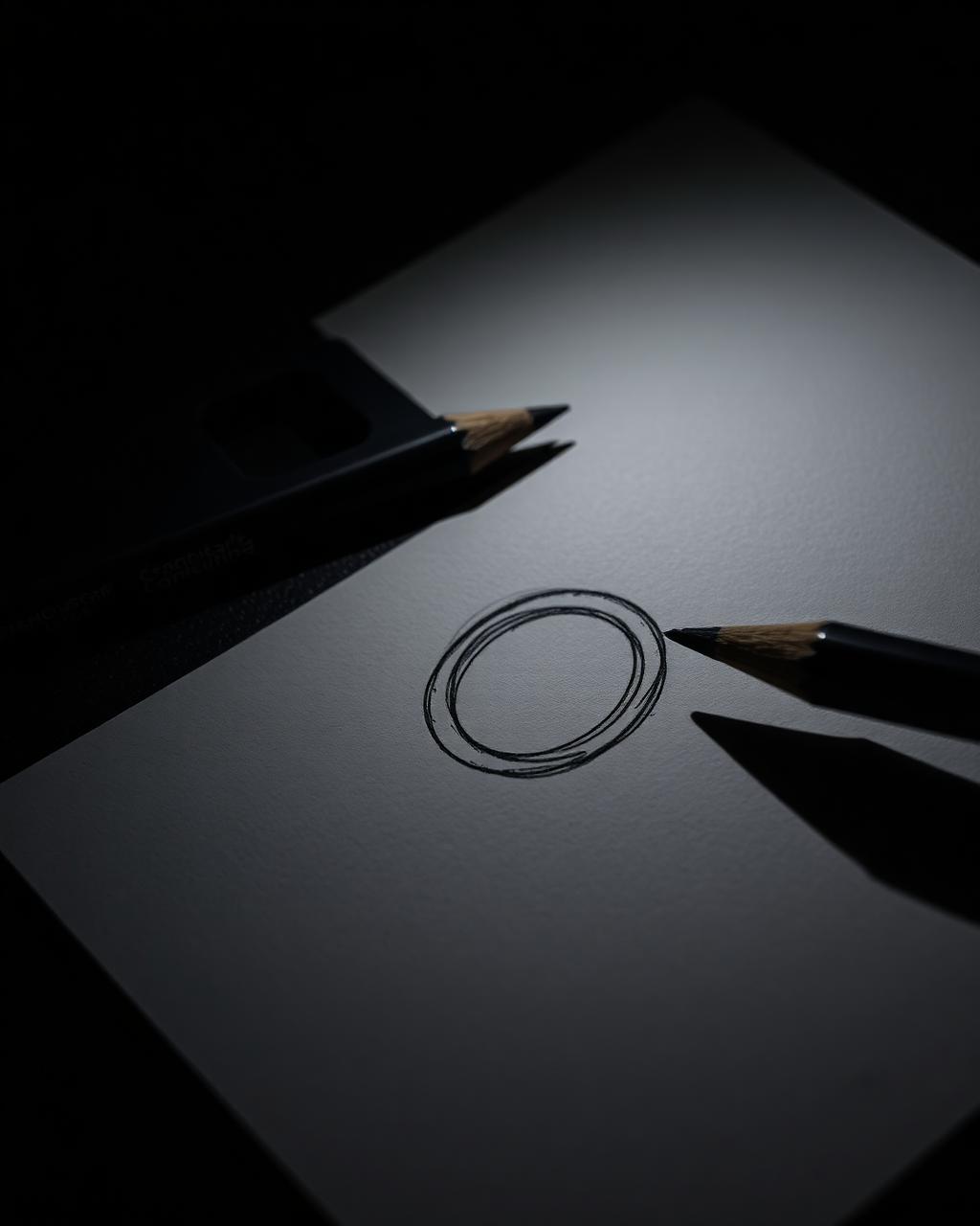 Pencil sketch of a ring design lit dramatically in darkness