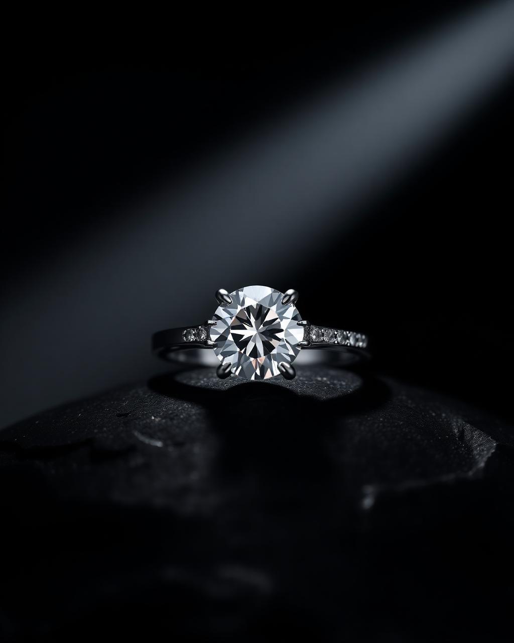 Finished bespoke diamond ring resting on dark stone under a beam of light